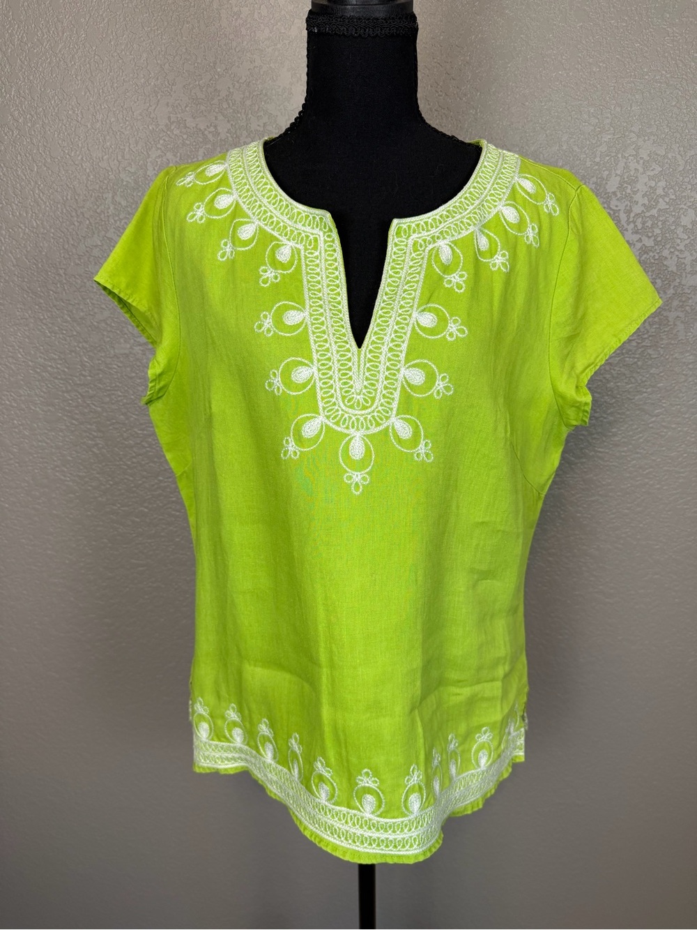 Saint Tropez West Lime Green Embroidered Split-Neck Tunic